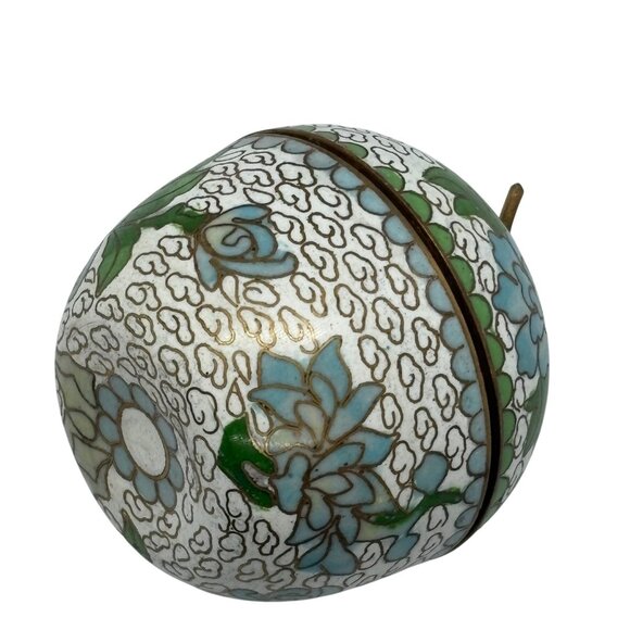 Vintage Cloisonné Apple Trinket Box With Lid - Floral Design Brass Detailing Whi - Picture 8 of 11